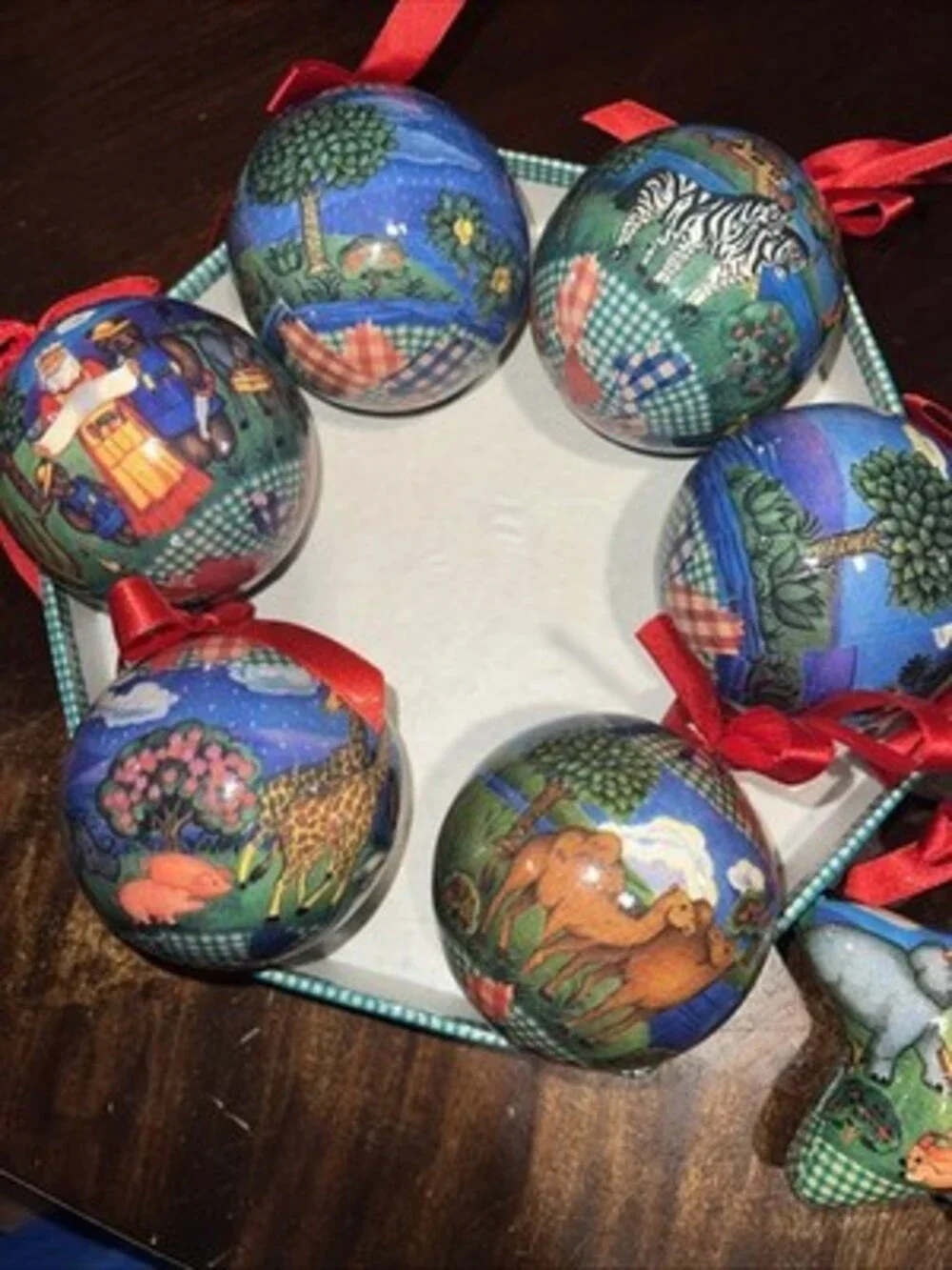 Noahs Ark Christmas Ornaments Decoupage in Original Box Set of 12 Vintage 1996